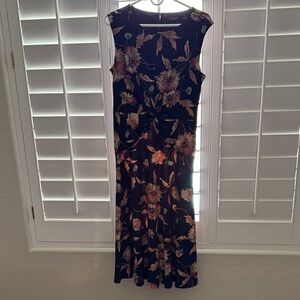 Ralph Lauren NavyFloral Midi Dress with Pink and Green Accents.
